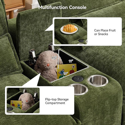 U Shaped Sectional Sofa with Storage Console, Cup Holders & USB Ports, Small Modular Cloud Couch with Deep Seats, Modern Comfy Living Room Sofa for Apartment, Chenille Green