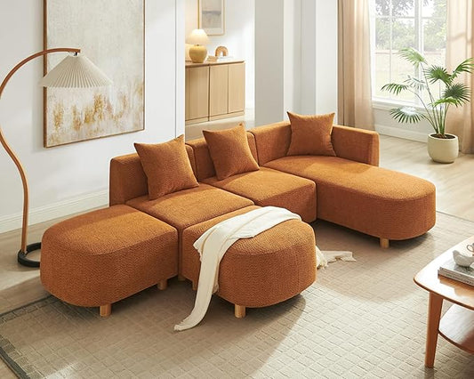 VANOMi 109.84" Modular Sectional Sofa with 3 Pillows, Convertible 5-Seater Comfy Boucle Cloud Couch with Ottoman, Modern Sectional Sofas for Living Room, Office, Apartment (Curry)