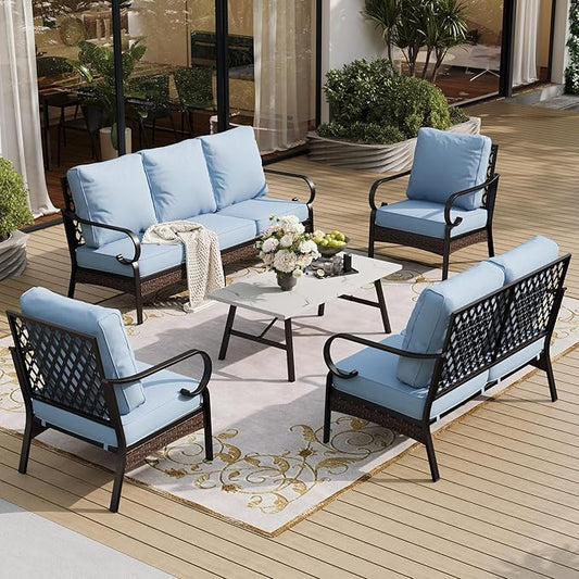 5 Piece Metal Outdoor Patio Furniture Set, Patio Conversation Sets 1 3-Seater Sofa, 2-Seater Sofa, 2 Fixed Sofa with 5.75" Thick Cushion & Coffee Table Black Backyard Furniture, Blue