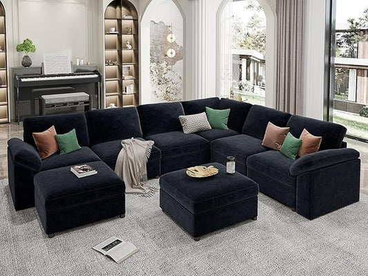 EASE MOOSE Oversized U Shape Sectional Couch Wide Deep seat Modular Cloud Sofa,FSC Certified Comfortable Chenille Blue Cloud Couch sectional Sofa