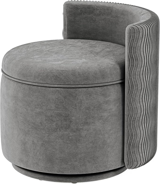 360° Swivel Accent Chair with Storage, Vanity Stool with Back, Velvet Storage Ottoman, Upholstered Round Barrel Vanity Chair for Living Room, Makeup Room, Bedroom (Gray)