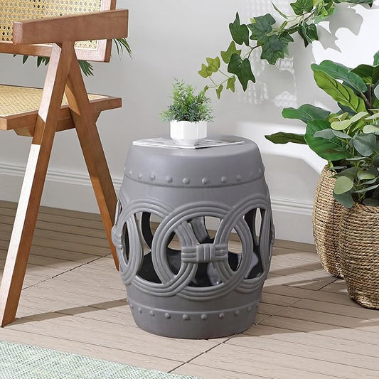 JONATHAN Y TBL1022F Lucky Coins 16" Chinese Ceramic Drum Indoor/Outdoor Garden Stool Bohemian, Coastal, Cottage, French Country, Traditional, for Living Room, Garden Room, Patio, Matte Gray