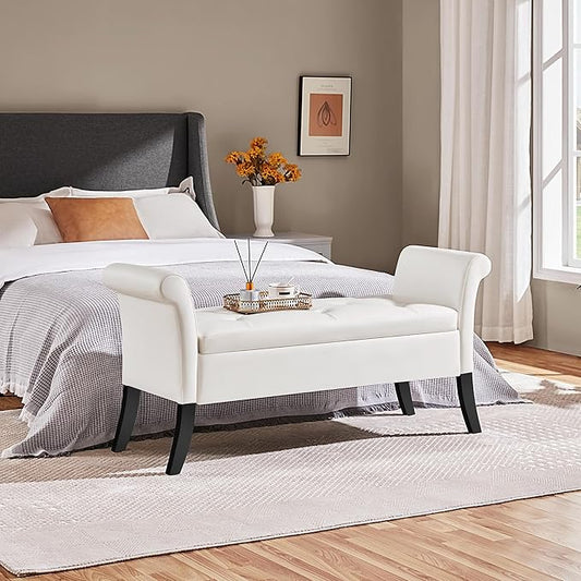 Yaheetech Ottoman with Storage, 52" Storage Ottoman Bench with Safety Hinge, Upholstered Bench with Seating for Bedroom, Living Room, Holds up to 661 lb, White
