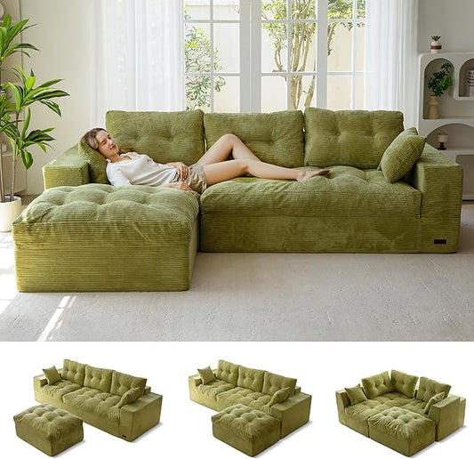 MAXYOYO 104" L Shaped Modular Sectional Sofa with Ottoman, Cloud Boneless Couch with Layered Cushion, Upholstered Sofa in a Box, Flexible Module Combination for Living Room, No Assembly, Green