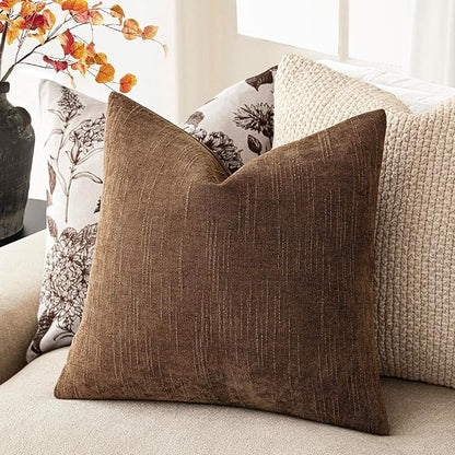 Foindtower Set of 2 Soft Textured Chenille Throw Decorative Pillow Covers Square Accent Solid Cushion Cover Cozy Neutral Farmhouse Pillow Case for Couch Sofa Bedroom Living Room 26x26 Inch,Dark Bronze