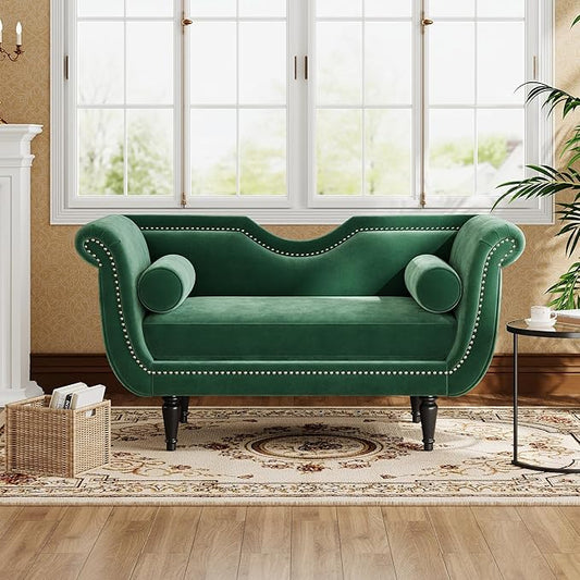 Christopher Knight Home Aurora Velvet Chaise Lounge Indoor with 2 Bolster Pillows, Upholstery Entryway Bench with Nailhead Trim & Curved Arms, End of Bed Bench Ottoman and Wooden Legs, Green