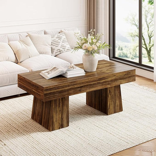 LITTLE TREE Farmhouse Coffee Table, 47 Inches Living Room Table, Rectangular Wooden Accent Center Tables with Thick Base, Modern Low Cocktail Tea Furniture for Living Room (Walnut Brown)