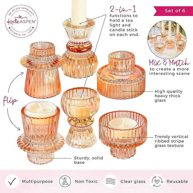 Kate Aspen Vintage Ribbed Glass Black Candlestick Holders, Pillar Candle, Tealight & Votive Candle Holders (Set of 6, 3 Assorted Sizes), Dining Table Decor, Shelf Decor, Centerpiece