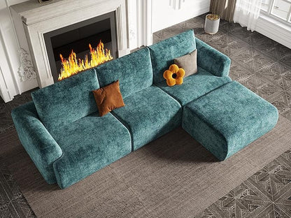 EASE MOOSE Sectional Cloud Couch for Living Room, Modular Boneless Sofa Large L-Shaped, Modern Cloud Sofa Set with Fluffy Foam, Oversized 4-Seater Deep Sofas with Ottoman for Bedroom, Chenille (Blue)