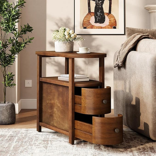 LITTLE TREE Solid Wood End Table with 2 Drawers & Open Shelf, No Assembly Required Side Table for Living Room, Vintage Brown Couch Side Tables, Slim Bedside Table Nightstand for Bedroom