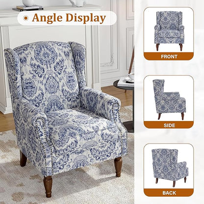 Wingback Accent Chair, High Back Upholstered Armchair, Printed Fabric Wingback Arms Chairs with Wood Legs, Single Sofa Reading Chair for Bedroom Living Room, Navy
