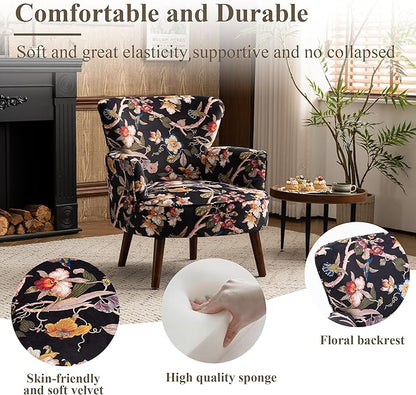 Floral Accent Chair Set of 2, Upholstered Living Room Chairs with Solid Wood Legs, Mid Century Modern Velvet High Back Armchair for Bedroom, Living Room, Black