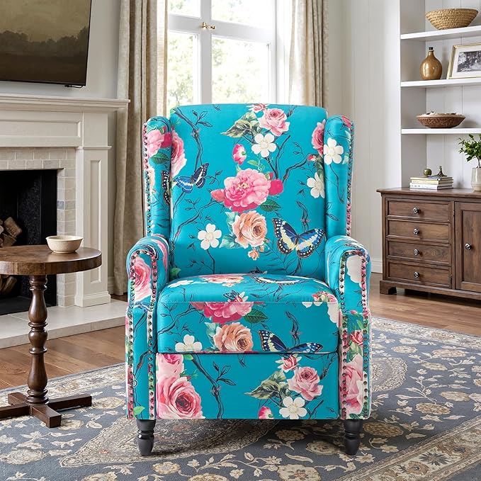 Recliner Chair, Upholstered Wingback Floral Pushback Armchair with Adjustable Backrest & Footrest, Comfy Accent Chair Reading Single Sofa for Small Spaces, Living Room, Bedroom (Peacock, Set of 1)