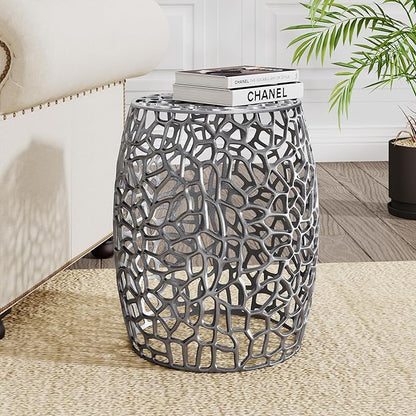 Christopher Knight Home Helast Aluminium Side Table, 14.00'' W Round Sofa Side Table, Modern Indoor Accent Table for Living Room Bedroom Home Office, Abstract Hollow, Silver