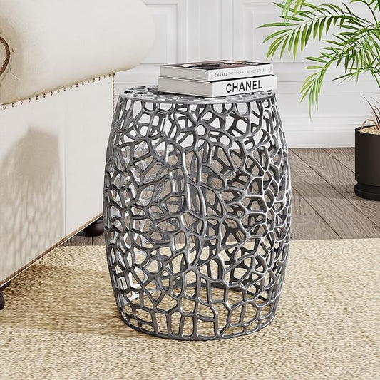 Christopher Knight Home Helast Aluminium Side Table, 14.00'' W Round Sofa Side Table, Modern Indoor Accent Table for Living Room Bedroom Home Office, Abstract Hollow, Silver