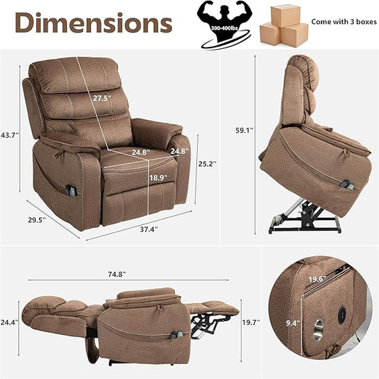 Power Lift Recliners Chairs for Elderly Adults Lay Flat Recliner with Heat & Massage, Wireless Charging Device, USB Ports, Cup Holder, Lumbar Pillow, 400Lbs (Grainy Fibric,Caramel Brown)
