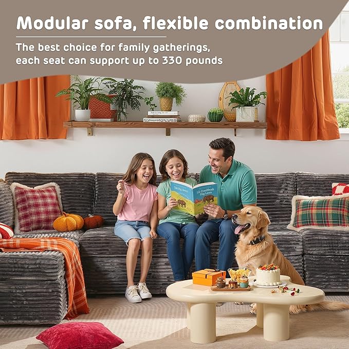 130'' Modern Modular Sectional Sofa with Movable Ottoman,5 Seats Cloud Comfort Corduroy Fluffy Couch,L Shaped Convertible Sofa Couch for Living Room,Grey