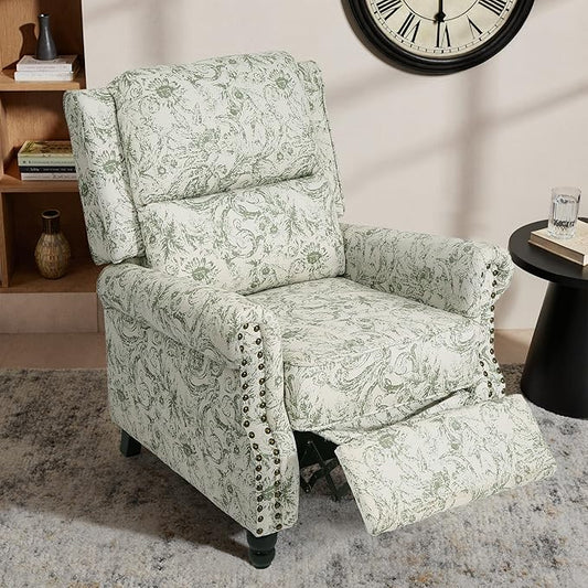 Lumibee Recliner Chair, Wingback Recliner Chair for Living Room, Modern Upholstered Fabric Pushback Armchair with Adjustable Backrest & Footrest for Small Spaces,Bedroom-Rococo Green