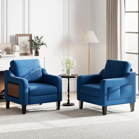 Accent Chair for Living Room Modern Linen Upholstered Armchair Side Wooden Fabric Sofa Chair with Foldable Table 2 Side Pockets Comfy Reading Chair for Bedroom