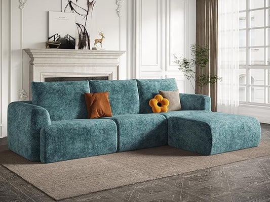 EASE MOOSE Sectional Cloud Couch for Living Room, Modular Boneless Sofa Large L-Shaped, Modern Cloud Sofa Set with Fluffy Foam, Oversized 4-Seater Deep Sofas with Ottoman for Bedroom, Chenille (Blue)