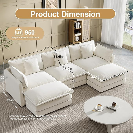 Modular Sectional Sofa, U-Shaped Cloud Sofa with Deep Seat, 111.5 Inch Chenille Sofa with Cushions, 3-Self Sectional Sofa for Living Room Apartment, White