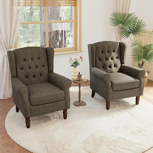 Lumibee High Back Accent Chair Set of 2,Upholstered Wingback Armchair with Solid Wood Legs for Small Spaces,Comfy Single Sofa Chair for Living Room,Bedroom,Office-Taupe