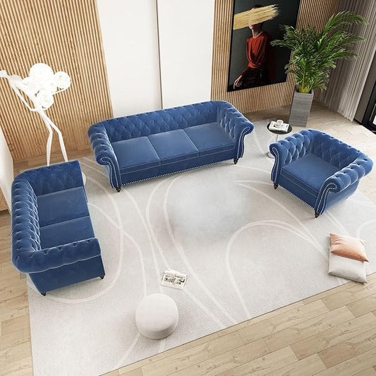 Velvet Sofa Couches Set, 3-Piece Mid Century Modern Upholstered Couch with Cushions, Home Sofa Sectional Furniture Sets, Comfy Tufted Chesterfield Couches for Living Room, Bedroom, Office