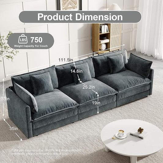 Modular Sectional Sofa, 111.5 Inch I-Shaped Cloud Sofa with Deep Seat Chenille Sofa with Cushions, Three-Self Sectional Sofa for Living Room Apartment,Gray