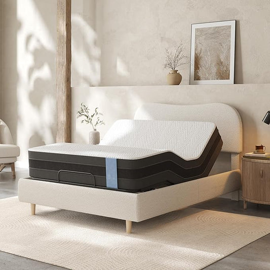FLEXISPOT Queen All-in-One Adjustable Bed with 12" Cooling Gel Memory Foam Mattress, Boucle Bed Frame, Head & Foot Incline, Adjustable Headboard, Thick Padding, 10-Year Warranty, White