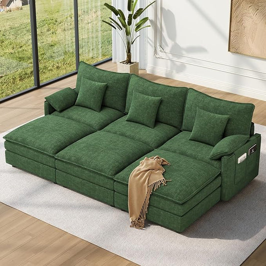 Vesgantti 108" Sectional Sleeper Sofa, 6-Seater Oversized Modular Cloud Couch with Movable Ottoman, Chenille Large Sofa Bed Convertible Deep Seat Couches for Living Room, Bedroom and Apartment, Green