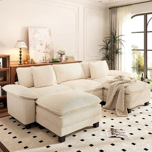 PHI VILLA Cloud Modular Couch Sets, 123.6" Sectional Sofa with U-Shaped Chaise, 5-Seater Couches with 2 Movable Ottomans for Living Room, Corduroy Fabric, Beige
