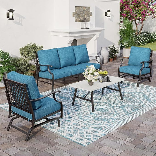 4 Piece Metal Outdoor Patio Furniture Set, Patio Conversation Set 3-seater Sofa, 2 Rocking Chair with 5.75" Extra Thick Cushion and Coffee Table, Black Frame Backyard Furniture, Blue-2