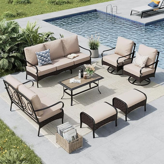 MFSTUDIO 7 PCS Outdoor Patio Furniture Set, Metal Outdoor Conversation Set, Rattan Wicker Patio Sectional with 2 x Swivel Single Sofa, 2 and 3-Seat Sofa, 2 x Ottoman, 1 x Coffee Table, Beige