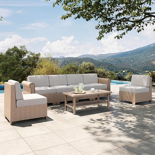 HERA'S HOUSE Patio Furniture Set 7 Piece, Outdoor Sectional Wicker Sofa with 44" Coffee Table All Weather 6 Seats, 5.5" Thick Waterproof Cushion Modular Conversation Set for Garden Deck Backyard