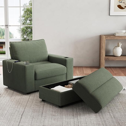 Christopher Knight Home Zoe Oversized Chaise Lounge Chair Indoor with Cup Holders & USB Charging Port, Corduroy Upholstered Sofa Bed + Ottoman with Storage, Comfy Deep Seat Sleeper Sofa Chair, Green