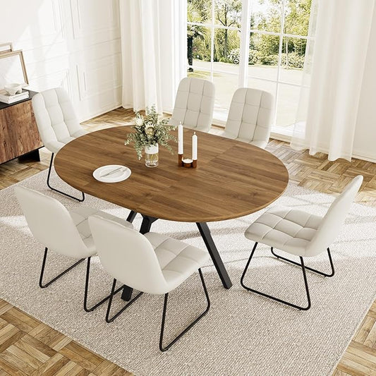 Extendable Round Dining Table Set for 6 People, 43.3"-59.1" Extendable Kitchen Table with 6 Upholstered Chairs, Space Saving for Kitchen Dining Room (Walnut Table+6 U-Shaped White Chairs)
