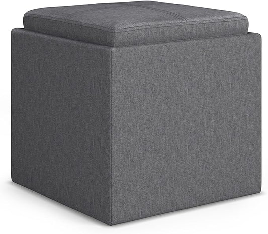 SIMPLIHOME Rockwood 18 inch Wide Contemporary Square Cube Storage Ottoman with Tray in Slate Grey Linen Look Fabric, Assembled, For the Living Room, Entryway and Family Room