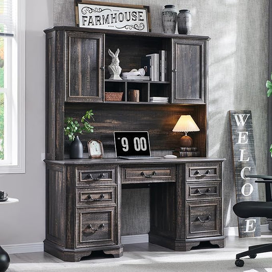 T4TREAM 59" Farmhouse Executive Desk with Hutch,Wood Home Office Computer Desk, Featuring Keyboard Tray,Charging Station,File Drawer, Storage Cabinet,for Work and Study (Dark Rustic Oak)