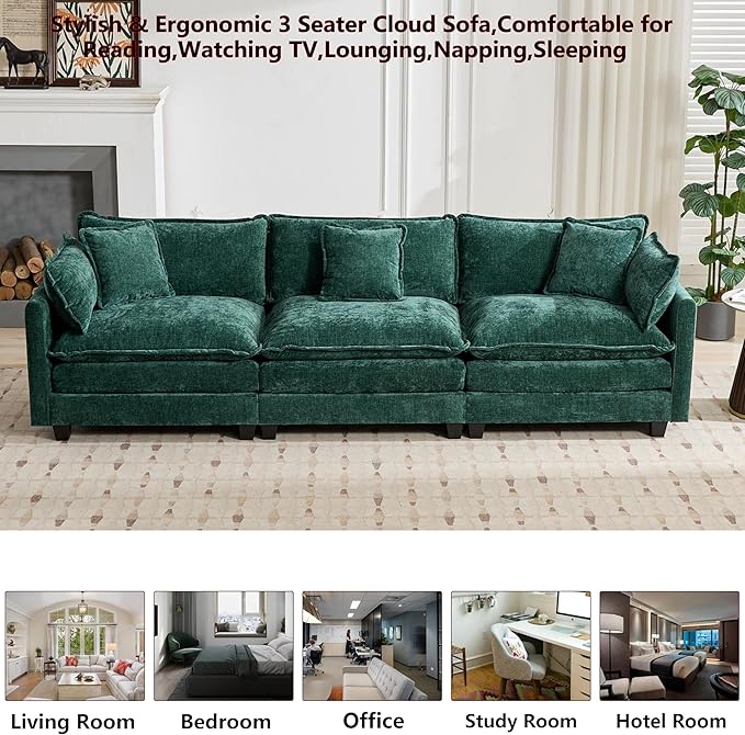 Aoowow Modular Sectional 3 Seater Cloud Sofa Couch for Living Room,113.8" Cloud Sofas with Deep Seat,Modern Chenille 3 Seat Sofas,Fluffy Cloud Couches for Bedroom,Apartment,Office (Green, 3 Seater)