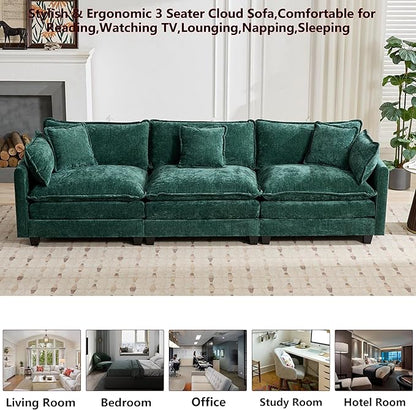 Aoowow Modular Sectional 3 Seater Cloud Sofa Couch for Living Room,113.8" Cloud Sofas with Deep Seat,Modern Chenille 3 Seat Sofas,Fluffy Cloud Couches for Bedroom,Apartment,Office (Green, 3 Seater)