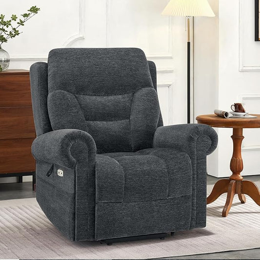 MCombo Triple Motor Power Lift Recliner Chair with Massage and Lumbar&seat Heating, Rolled Arms, Adjustable Headrest for Elderly People, Fabric 7888 (Dark Grey, Medium)