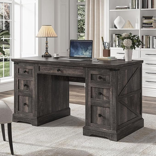 EnHomee 58" W Farmhouse Executive Desk with Drawers, Wood Home Office Desks with Power Outlets, Rustic Computer Desk with Storage Cabinet for Working, Studying, Writing, Dark Rustic Oak
