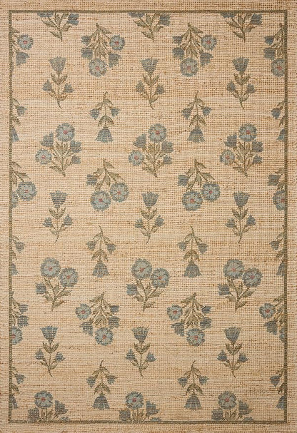 Loloi Chris Loves Julia Rue Collection RUE-04 Moss/Blue 5'-0" x 7'-6" Area Rug Jute Neutral Floral Living Room Bedroom Rug
