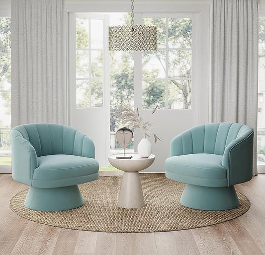 Swivel Accent Chair Set of 2,Upholstered Velvet 360° Swivel Barrel Chair for Living Room Overstuffed Bouncle Reading Chair Round Armchair for Bedroom,Vanity,Office (Blue)