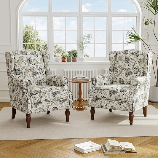Accent Chair, Upholstered High Back Floral Armchair with Nailhead Trim & Wood Legs, Comfy Wingback Reading Single Sofa Chair for Small Spaces, Living Room, Bedroom ( Plants Beige Floral, Set of 2)