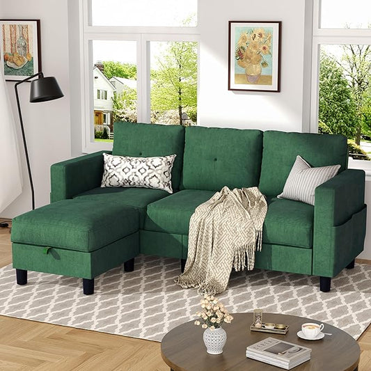 JY QAQA Convertible Sectional Sofa Couch with 3-Seat Sofa, L-Shaped Ottoman Couch with Modern Linen Fabric for Small Living Room, Apartment and Small Space(Green)