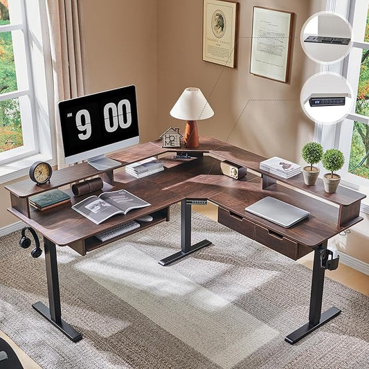 RedLemon 60 Inches L Shaped Electric Standing Desk, Height Adjustable Corner Gaming Desk with Drawers, Keyboard Tray, Power Outlets & LED Lights, Computer Desk with Monitor Shelf, Dark Walnut