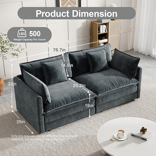 Modular Sectional Sofa, 76.7 Inch I-Shaped Cloud Sofa with Deep Seat Comfortable Chenille Sofa with Cushion Double Sectional Sofa for Living Room Apartment,Gray