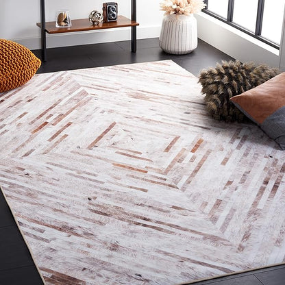SAFAVIEH Washable Rug Faux Hide Collection - 4' x 6', Beige & Brown, Slip Resistant, Western Rustic Decor, Printed Pattern, Ideal for Living Room, Bedroom, Home Office, Dining Space (FAH526A)