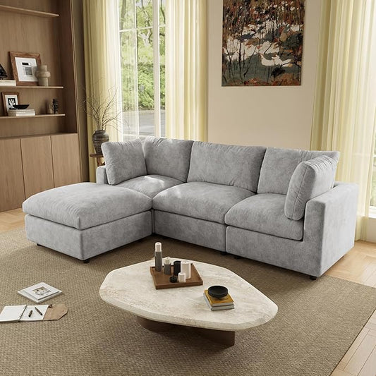 WJShome Modular Sectional Cloud Couch Modern L Shaped Sofa with Ottoman, 100 Inch 3-Seat Chenille Deep Seat Couches for Living Room, Bedroom and Apartment，Gray